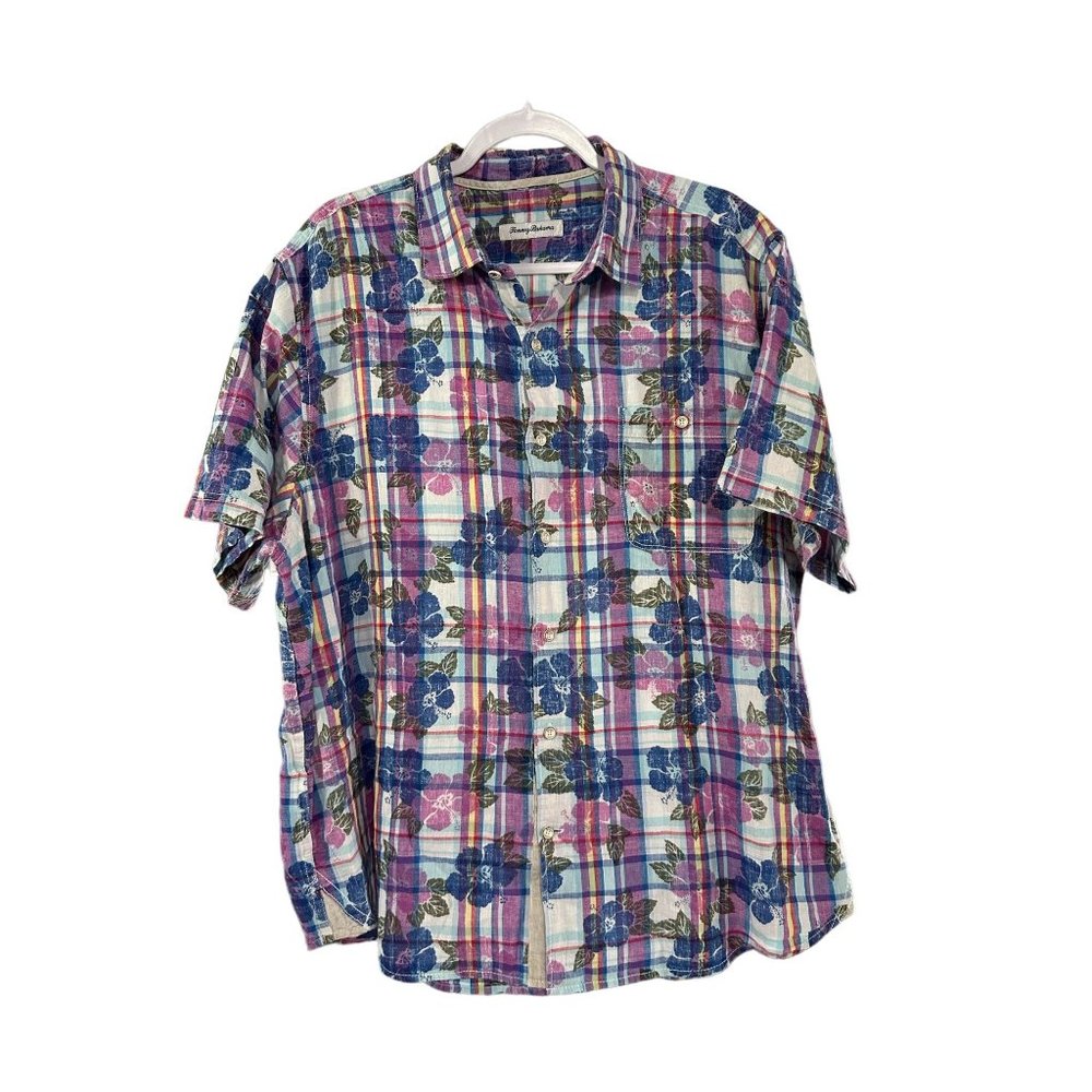 Tommy Bahama Shirt‎ Mens Extra Large Floral Madras Short Sleeve Button Up Pocket